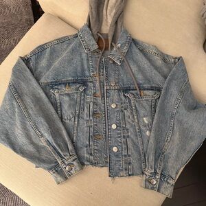 American Eagle Denim Trucker Jacket with Gray Hoodie Layered Look - Light Blue